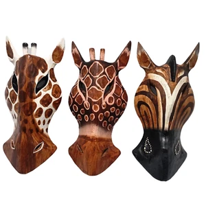 Zebra Giraffe Horse Wood Mask Wall Hanging 8 inches Hand Carved African Safari - Picture 1 of 13