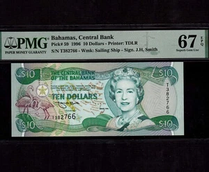 Bahamas 10 Dollars 1996 P-59 * PMG Superb Gem Unc 67 EPQ * Queen Elizabeth * - Bild 1 von 2
