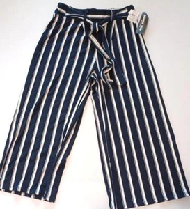 Double Take Women Paper Bag Crop Pants Sz M Mom Navy Stripe Wide Leg Stretch NEW - Picture 1 of 10