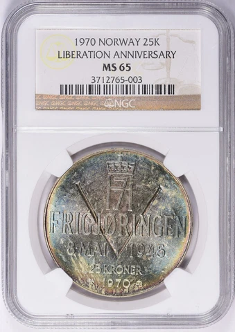 1970 Norway 25 kroner liberation 25th anniv ms65/rev rainbow toned Cover