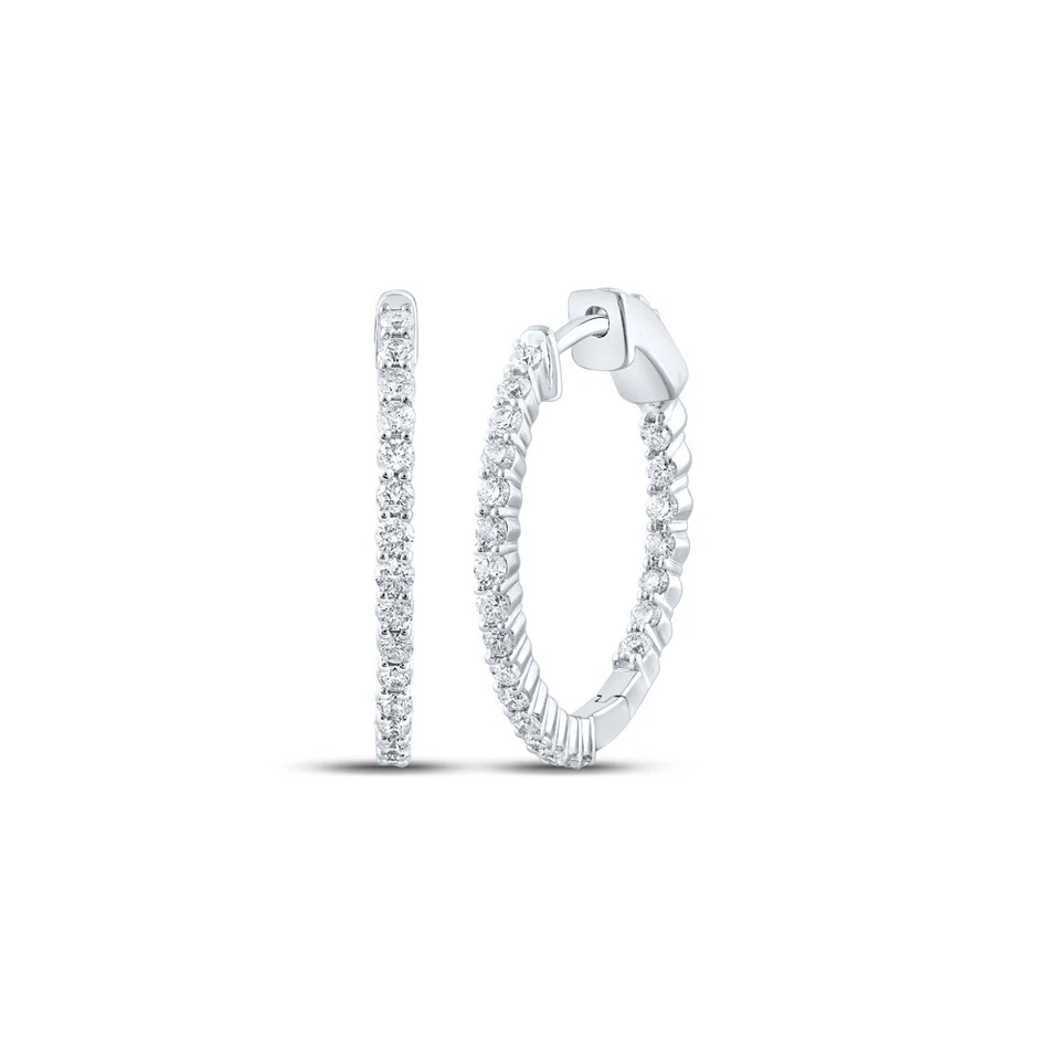10kt White Gold Womens Round Inside Outside Diamond Hoop Earrings 1 Cttw - Image 1 of 1