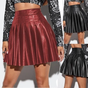 Women's Pleated Skirt Sense Skirt PU Leather Solid Color Skirt - Picture 1 of 40