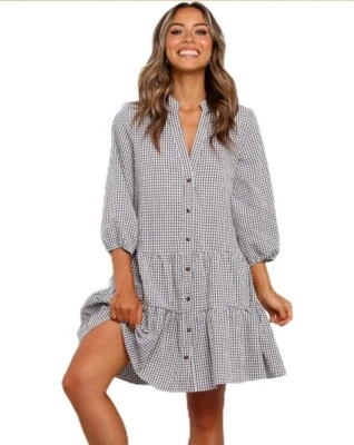 Vestido para mujer M guinga con botones en capas camisa midi a cuadros preppy azul marino blanco Foto 1 de 4