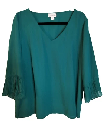 Jaclyn Smith XL 14 XXL Green Polyester Shirt Top Blouse V Neck, 3/4 Sleeve--EUC! - Image 1 of 4