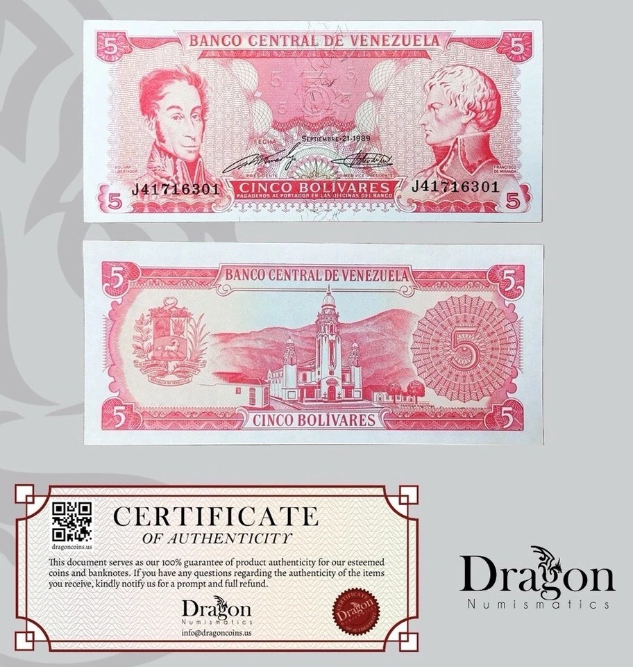 Venezuela UNC Note 5 Bolivares Bs 1989 P-70b Uncirculated USA SELLER🐉 - Image 1 of 1