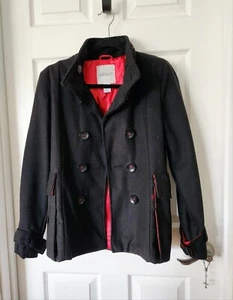 Women's Black Wool Blend Pea Coat M Medium Double Breasted Red Lined - Picture 1 of 3