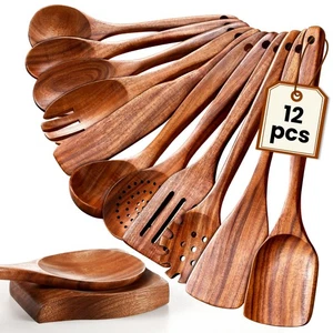 Wooden Spoons for Cooking, 12 Pcs Nonstick Wooden Cooking Utensils Set with C... - Foto 1 di 9
