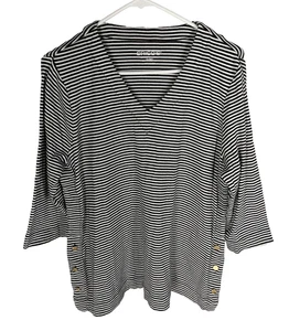 Chico's Shirt Größe 2 Damen Large Oberteil schwarz weiß gestreift seitliche Knopfdetails - Bild 1 von 6