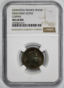 Undated France Franc Essai MAZ-2225A NGC MS 64 BN Copper - Picture 1 of 4