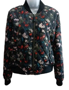 Volcom In Flight Quilted Bomber Jacket Black Red Floral Size Medium 12 EUC  - Picture 1 of 19