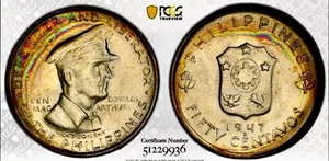 1947-S 50c McArthur PCGS MS66 PQ+ Monster Double Rainbow Rare US Mint WWII - Picture 1 of 6