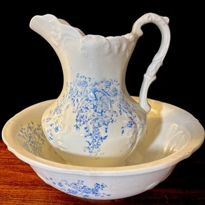 Vintage 1893 Wheeling Pottery USA La Belle weiß blau Waschtisch Krug Waschbecken Bauernhof - Bild 1 von 10