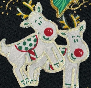 Felpa nostalgica vintage anni 90 renna foglie di agrifoglio glitter vernice gonfia XL - Foto 1 di 8