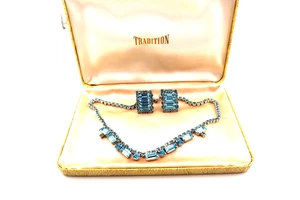 Vintage TRADITION Aquamarin blau Baguette Strass Halskette & Ohrringe Set - Bild 1 von 9