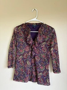 Chaps Denim Petite Stretchy Floral Mesh Lined Body V Neck With Ruffles M - Picture 1 of 8