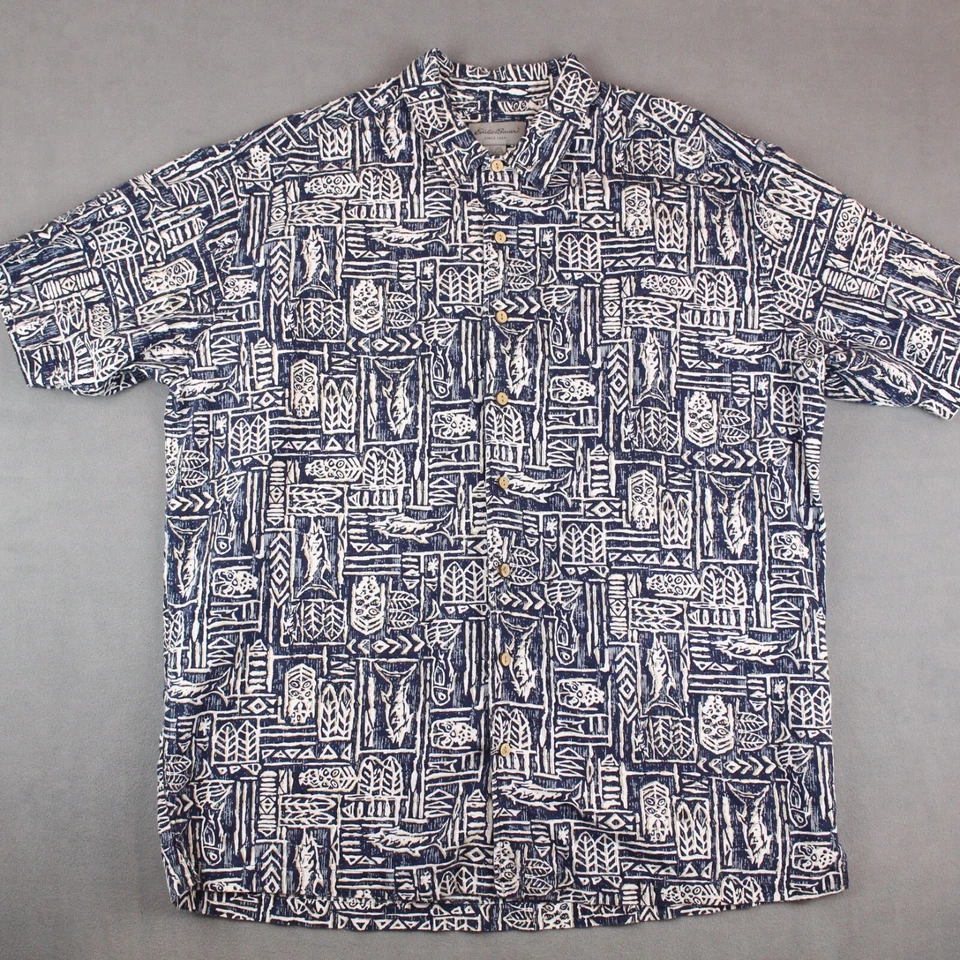 Eddie Bauer Shirt Mens Size XLT Tall Blue Graphic Button Up Linen Blend Hawaiian - Image 1 of 4