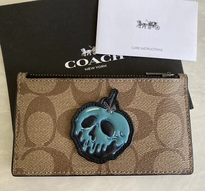 NUEVO ESTUCHE PARA TARJETAS COACH X DISNEY MARRÓN FIRMA CUERO CREMALLERA 75803 Foto 1 de 4
