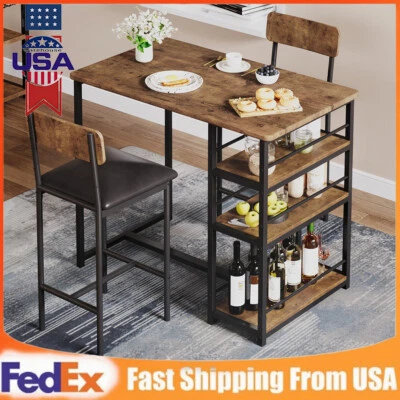 Dining Set Wood Top Table and 2 Height Chairs Bar Stools for Small Space Kitchen - Image 1 of 4