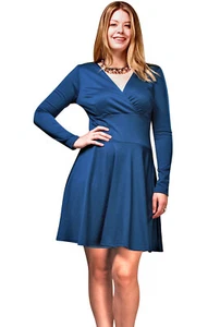 Vestido Talla Grande Patinador Mangas Largas Acampanada Azul Océano Trabajo Viaje - Imagen 1 de 5