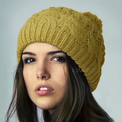 POM-POM Tejido Slouchy Suelto Gorro Gran Tamaño Invierno Gorra Esquí Calavera Mujeres Sólido Foto 1 de 3