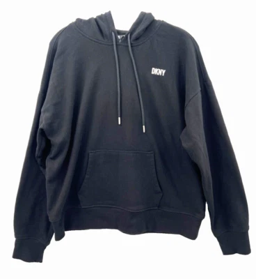 DKNY Mujer Deportiva L Negra Sudadera con Capucha Logo Canguro Bolsillo Usada Foto 1 de 4