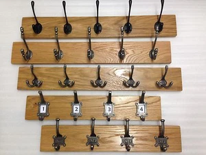 Solid Oak Wooden Coat Rack Rail Cast Iron 7 different Hooks Handmade to order - Picture 1 of 12