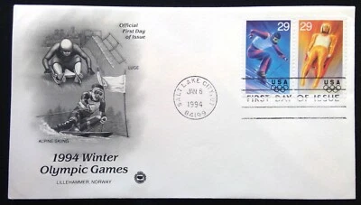 Scott 2807 2808 FDC Slalom Skiing Luge Winter Olympics Series STRIP 2 PCS - Image 1 of 3