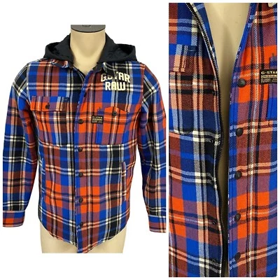 G Star Raw Shacket Mens M Wool Orange Plaid Hoodie Jacket Flannel Zip Up Snap - Image 1 of 4