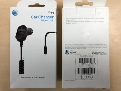 New At&t 3.4Amp Certified Micro USB Car Charger w/ Extra USB Port - Black - Image 1 of 3