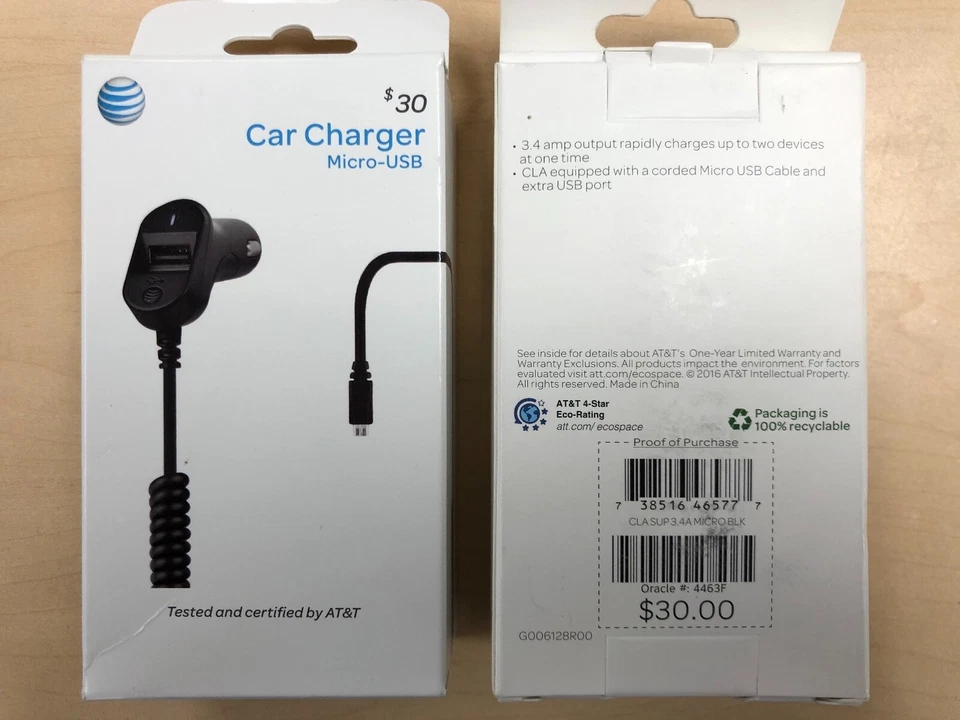 New At&t 3.4Amp Certified Micro USB Car Charger w/ Extra USB Port - Black - Image 1 of 3