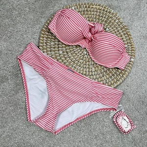 Aerie Stripes Molded Cup Push Up Bikini Bandeau 34A & Hipster Bottom Pink M - Picture 1 of 11