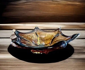 Art Glass Bowl Rootbeer Amber Ombre Six Point Star Hand Blown Trinket MCM Boho - Picture 1 of 5