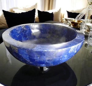 9" Premium blaue Marmor Intarsien Schüssel Lapis zufälliges Mosaik Kunst Heim Anlass Dekore - Bild 1 von 8