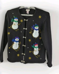 Strickjacke verziert "ugly" Pullover Schneemann Skifahren Kristall Kobe Vintage - Bild 1 von 14