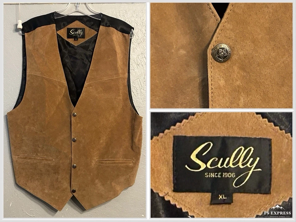 Scully Men's XL Suede Leather Western Vest Brown Tan Snap Front - Image 1 of 4