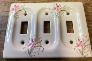 Vintage Triple Switch Light Plate Porcelain White With Pink Flowers - Picture 1 of 4