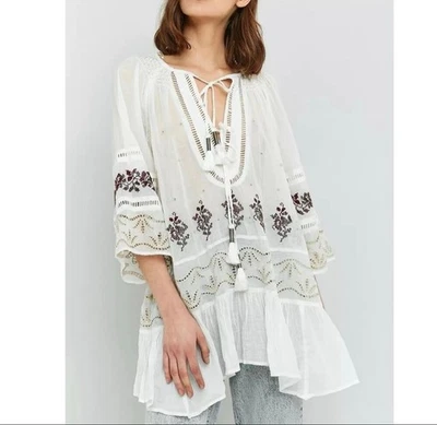 Top túnica campesina Free People Boho bordada blanca XS NUEVO CON ETIQUETAS Fairycore Foto 1 de 4