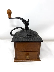 Vintage Iron Coffee Grinder on Solid Wood Box with Drawer - Picture 1 of 11