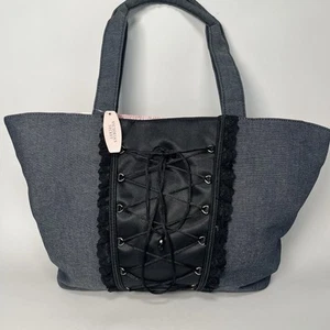 Victorias Secret Tote Denim Satin Corset Lace Up Bag Purse 12 x 10 x 2.75" NEW - Picture 1 of 5