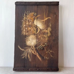 Reclaimed Wood Painting Original Signed Neutral Fall Floral Still Life 24x15.5 - Picture 1 of 9