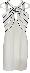Vintage 80's Tadashi Shoji Cocktail Dress Sz XS Made USA White Black Trim Halter - Picture 1 of 12
