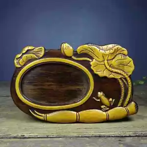 Chinese Sandalwood Inlaid Bamboo Hand-carved Lotus & Frog Inkstone 12009 - Picture 1 of 9
