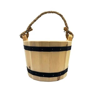 Wooden Bucket 6 x 8 Water Wishing Well Pail with Rope Twine Handle Solid Wood - Picture 1 of 7