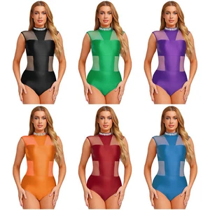 Women Rhinestone Sleeveless Mesh Spliced Ballet Dance Leotard Gymnastic Jumpsuit - Picture 1 of 87