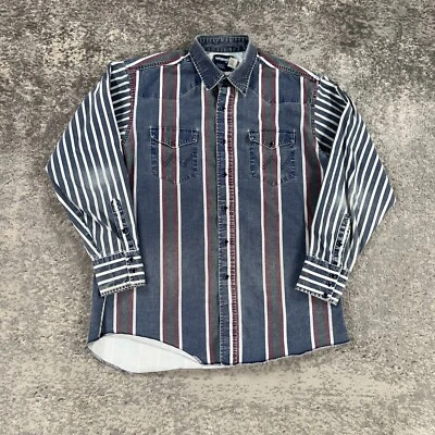 VTG Wrangler Brushpopper Shirt Mens 16.5X35 Blue Striped 90s Made In USA Rodeo - Image 1 of 4