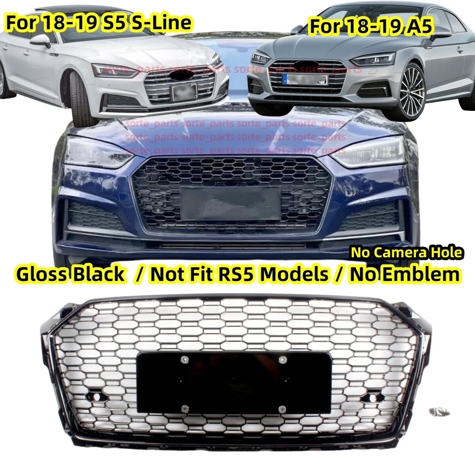 No Emblem Grille Assembly For AUDI A5 S5 B9 18-19 Gloss Black RS Style Honeycomb - Изображение 1 из 4