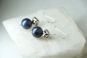 Sapphire Blue Natural Gemstone 10mm Ball .925 Sterling Silver Earrings 1 1/2" - Picture 1 of 6