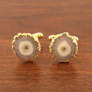 Fashion Men Natural White Solar Quartz Gold Electroplated Cufflink Party Gifts