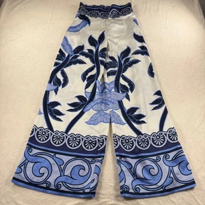 Pantalones Rachel Zoe Pierna Ancha Estampado de Palma Azul Blanco Cintura Elástica Talla S Playa Cómodos - Imagen 1 de 9