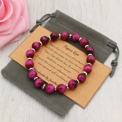 MAGENTA TIGERS EYE Bracelet Stretch Handmade +Gift Bag & Card Gemstone 6/8mm - Image 1 of 4